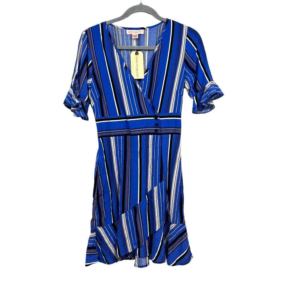 Band of Gypsies Womens Dress Stripe Blue V Neck Faux Wrap Skirt Ruffle Sleeve S*